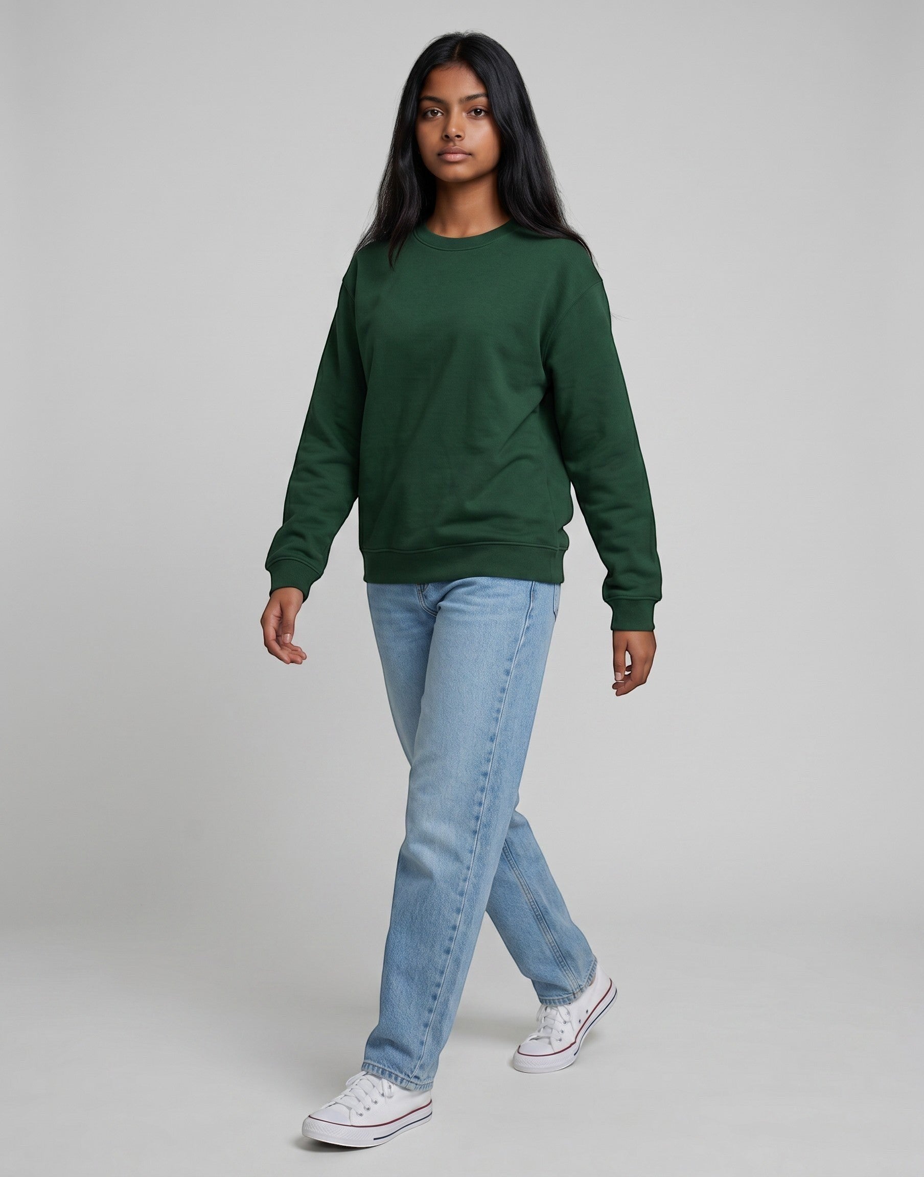 Forest Green Oversized Sweatshirt on FOREST GREEN unisex premium soft-touch fabric crew neck, relaxed roomy fit modern aesthetic, deep rich forest green hue sophisticated, ribbed cuffs hem durable, classic crew neck design, oversized silhouette minimalist look