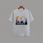 Halloween Graveyard graphic t-shirt on GREY unisex 100% cotton crew neck, vibrant detailed haunted graveyard scene with witches pumpkins glowing full moon, spooky Halloween design, DTG print 300 DPI, 180 GSM breathable soft fabric