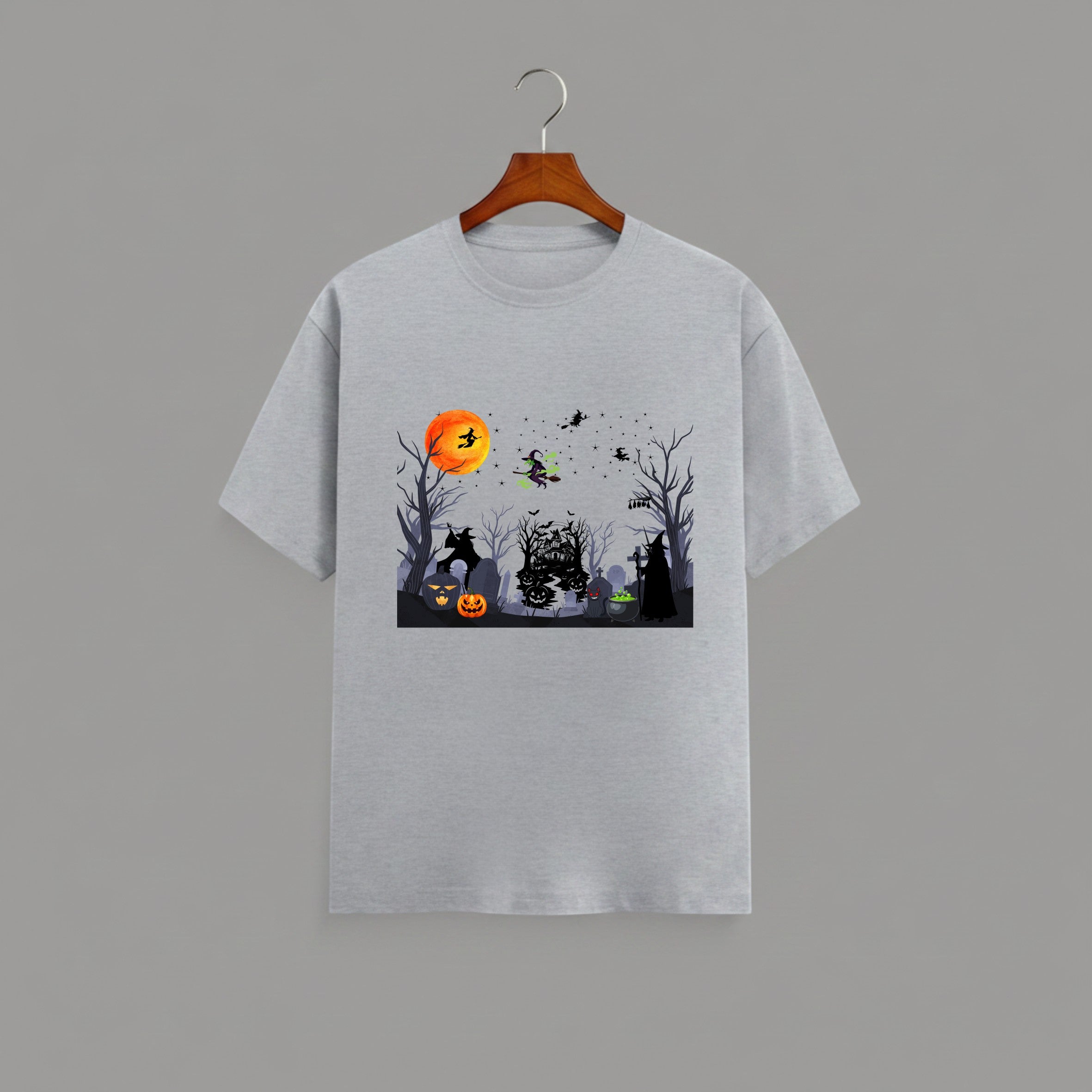 Halloween Graveyard graphic t-shirt on GREY unisex 100% cotton crew neck, vibrant detailed haunted graveyard scene with witches pumpkins glowing full moon, spooky Halloween design, DTG print 300 DPI, 180 GSM breathable soft fabric