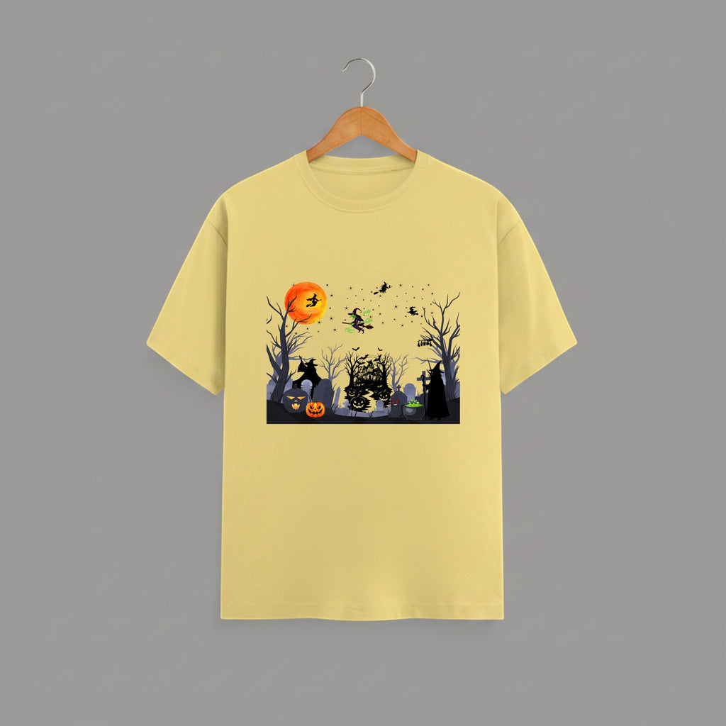 Halloween Graveyard graphic t-shirt on YELLOW unisex 100% cotton crew neck, vibrant detailed haunted graveyard scene with witches pumpkins glowing full moon, spooky Halloween design, DTG print 300 DPI, 180 GSM breathable soft fabric