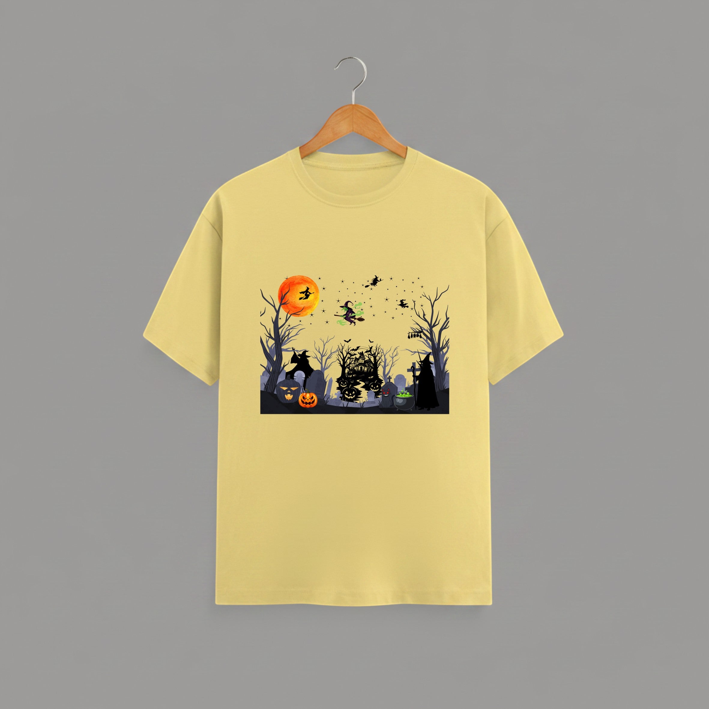 Halloween Graveyard graphic t-shirt on YELLOW unisex 100% cotton crew neck, vibrant detailed haunted graveyard scene with witches pumpkins glowing full moon, spooky Halloween design, DTG print 300 DPI, 180 GSM breathable soft fabric