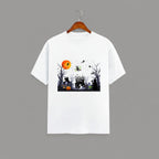 Halloween Graveyard graphic t-shirt on WHITE unisex 100% cotton crew neck, vibrant detailed haunted graveyard scene with witches pumpkins glowing full moon, spooky Halloween design, DTG print 300 DPI, 180 GSM breathable soft fabric