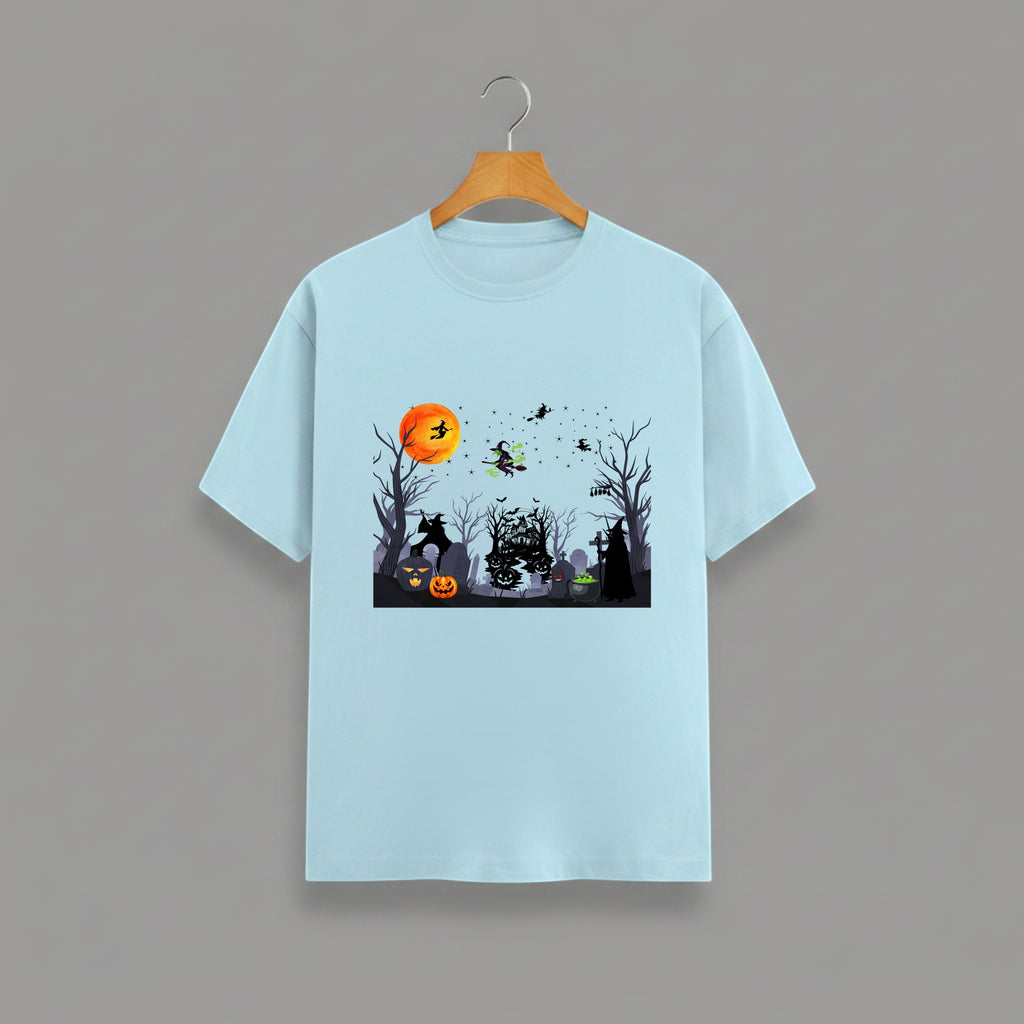 Halloween Graveyard graphic t-shirt on BABY BLUE unisex 100% cotton crew neck, vibrant detailed haunted graveyard scene with witches pumpkins glowing full moon, spooky Halloween design, DTG print 300 DPI, 180 GSM breathable soft fabric