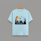 Halloween Graveyard graphic t-shirt on BABY BLUE unisex 100% cotton crew neck, vibrant detailed haunted graveyard scene with witches pumpkins glowing full moon, spooky Halloween design, DTG print 300 DPI, 180 GSM breathable soft fabric