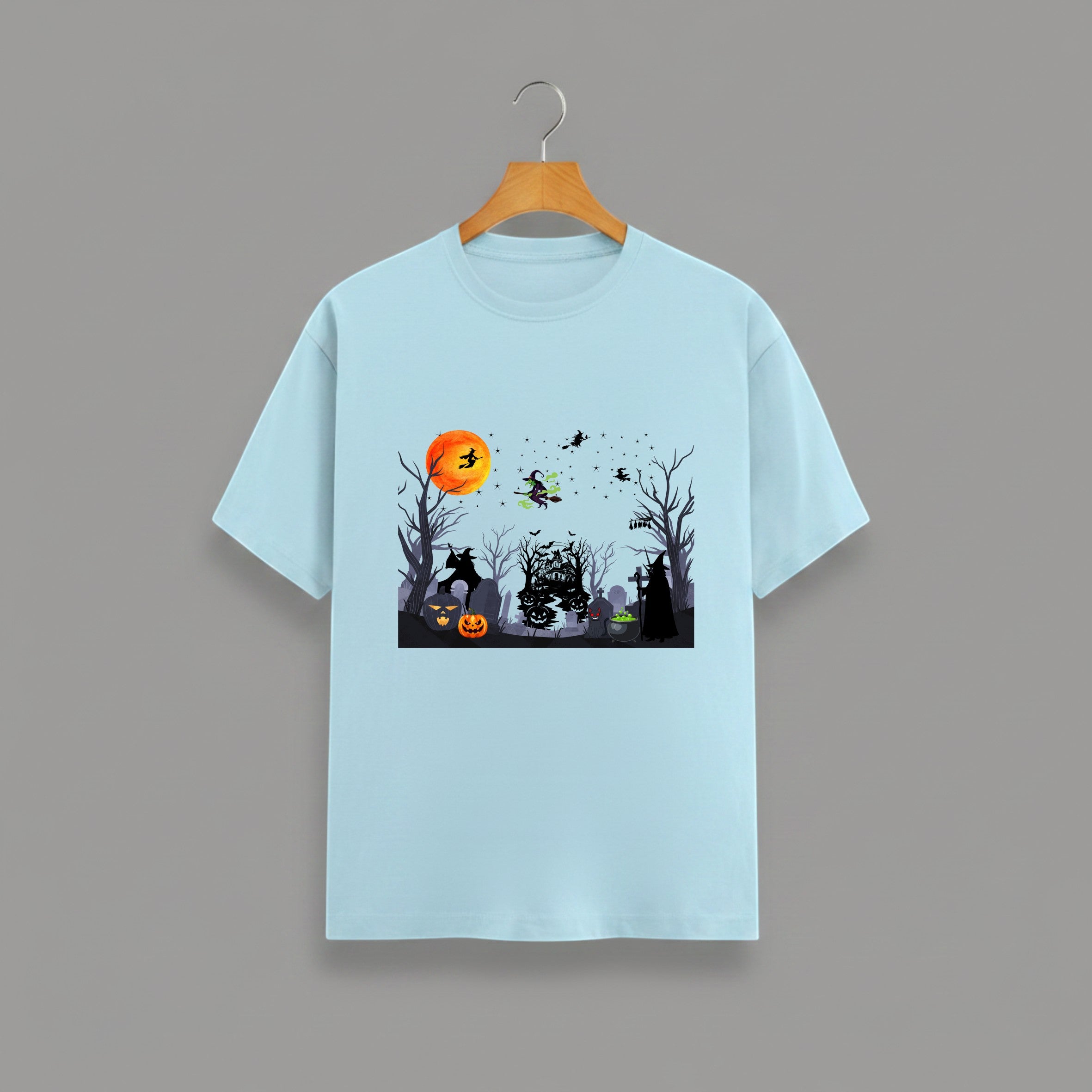 Halloween Graveyard graphic t-shirt on BABY BLUE unisex 100% cotton crew neck, vibrant detailed haunted graveyard scene with witches pumpkins glowing full moon, spooky Halloween design, DTG print 300 DPI, 180 GSM breathable soft fabric