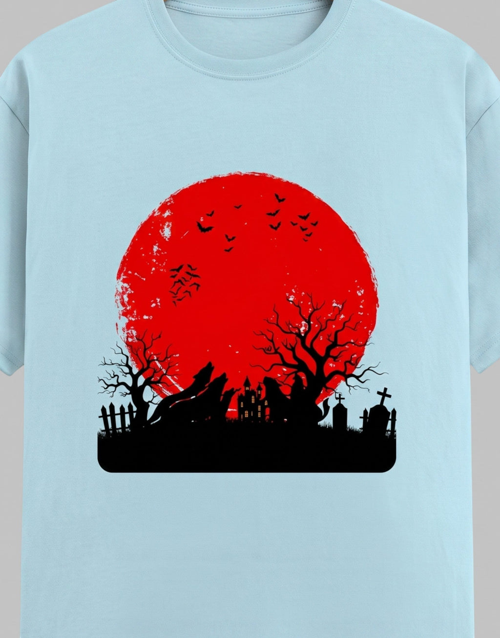 Haunting Art graphic t-shirt on BABY BLUE unisex 100% cotton crew neck, high-contrast striking dark artistic design with haunting figure, DTG print 300 DPI, 180 GSM breathable soft fabric