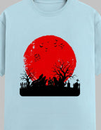 Haunting Art graphic t-shirt on BABY BLUE unisex 100% cotton crew neck, high-contrast striking dark artistic design with haunting figure, DTG print 300 DPI, 180 GSM breathable soft fabric