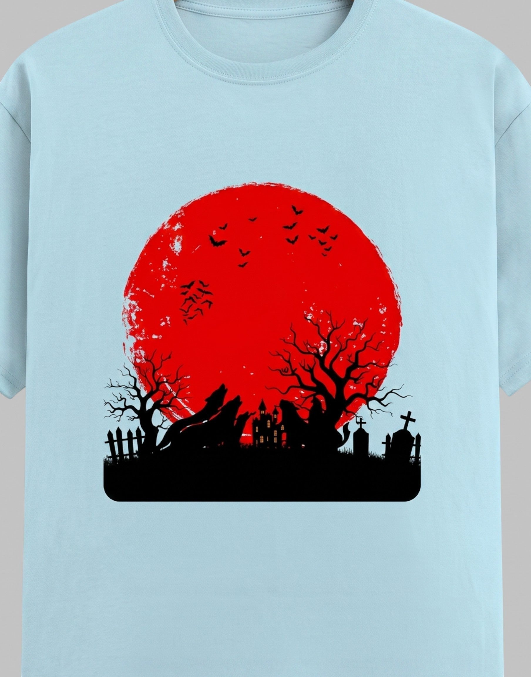 Haunting Art graphic t-shirt on BABY BLUE unisex 100% cotton crew neck, high-contrast striking dark artistic design with haunting figure, DTG print 300 DPI, 180 GSM breathable soft fabric