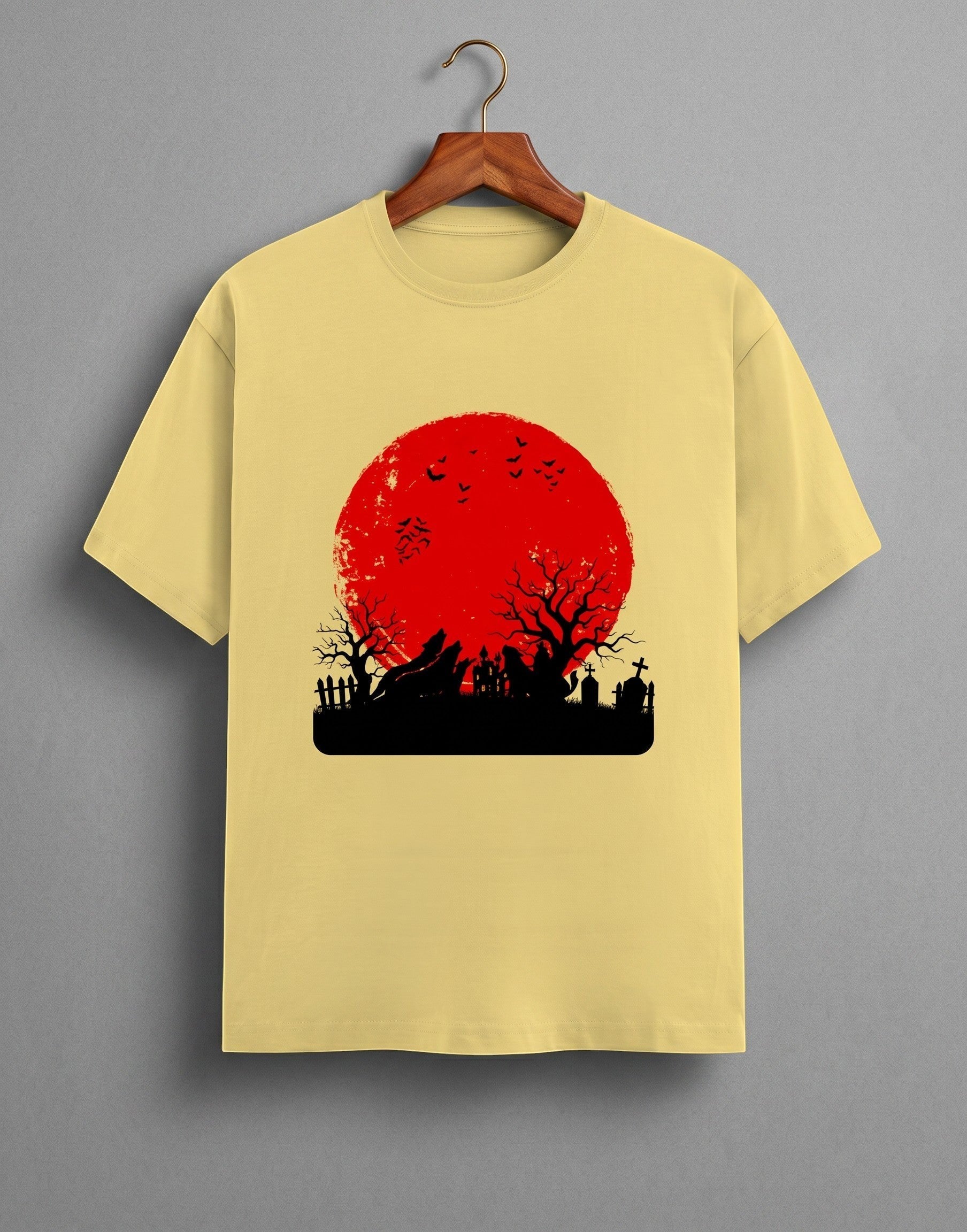 Haunting Art graphic t-shirt on YELLOW unisex 100% cotton crew neck, high-contrast striking dark artistic design with haunting figure, DTG print 300 DPI, 180 GSM breathable soft fabric