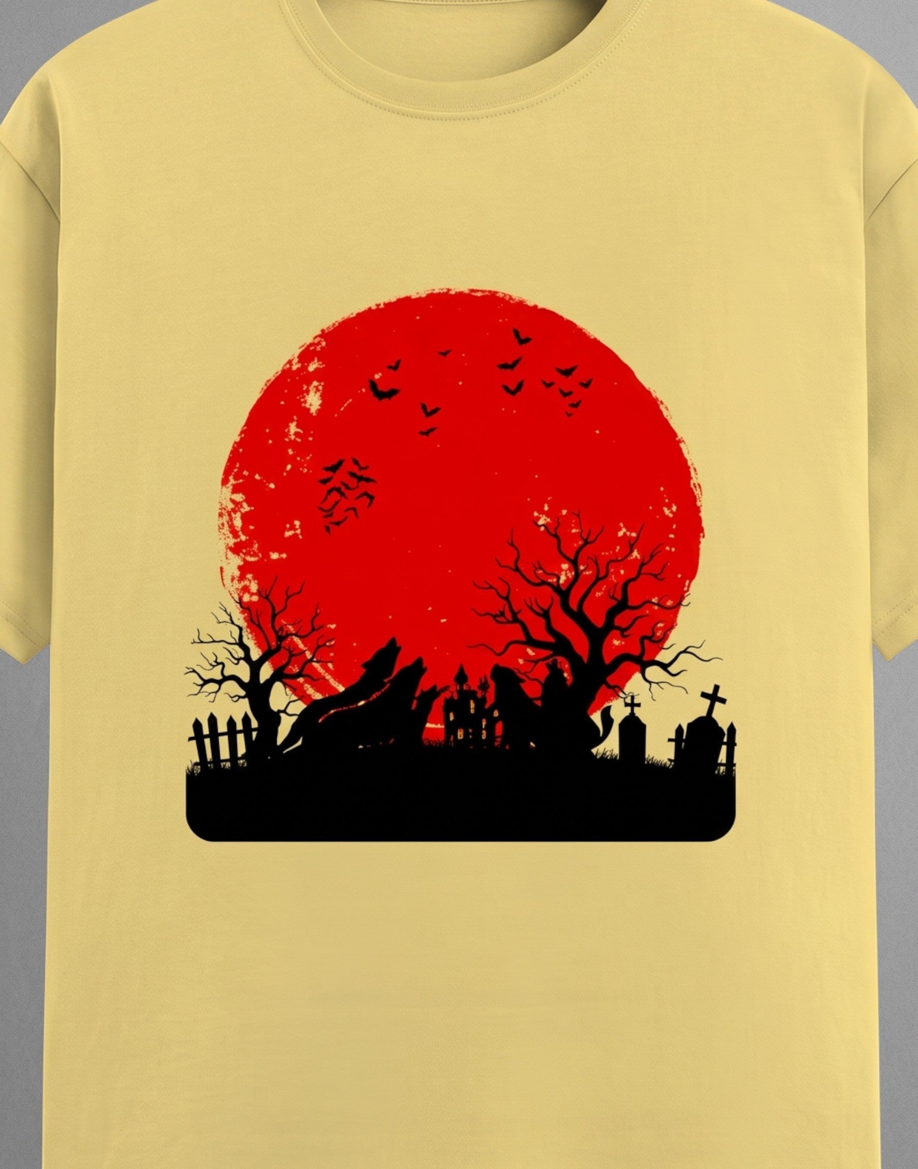 Haunting Art graphic t-shirt on YELLOW unisex 100% cotton crew neck, high-contrast striking dark artistic design with haunting figure, DTG print 300 DPI, 180 GSM breathable soft fabric