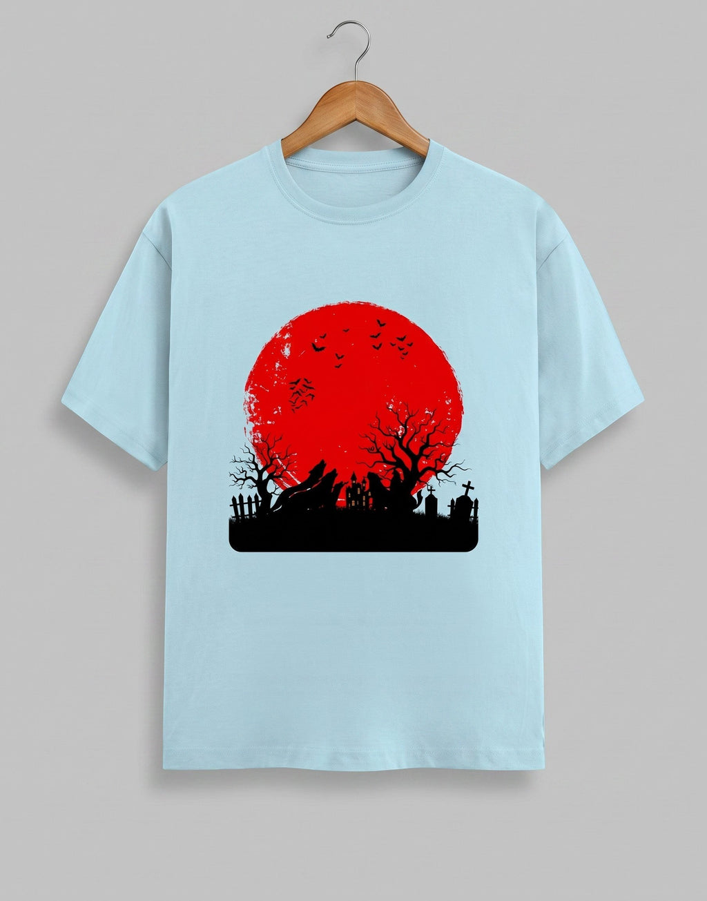 Haunting Art graphic t-shirt on BABY BLUE unisex 100% cotton crew neck, high-contrast striking dark artistic design with haunting figure, DTG print 300 DPI, 180 GSM breathable soft fabric