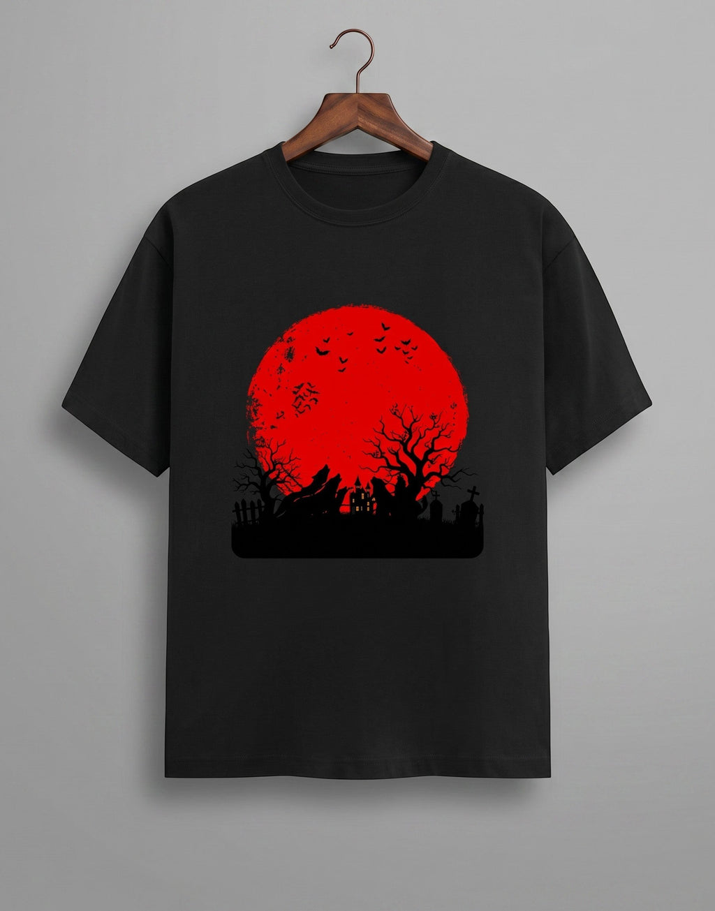 Haunting Art graphic t-shirt on BLACK unisex 100% cotton crew neck, high-contrast striking dark artistic design with haunting figure, DTG print 300 DPI, 180 GSM breathable soft fabric