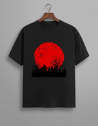 Haunting Art graphic t-shirt on BLACK unisex 100% cotton crew neck, high-contrast striking dark artistic design with haunting figure, DTG print 300 DPI, 180 GSM breathable soft fabric