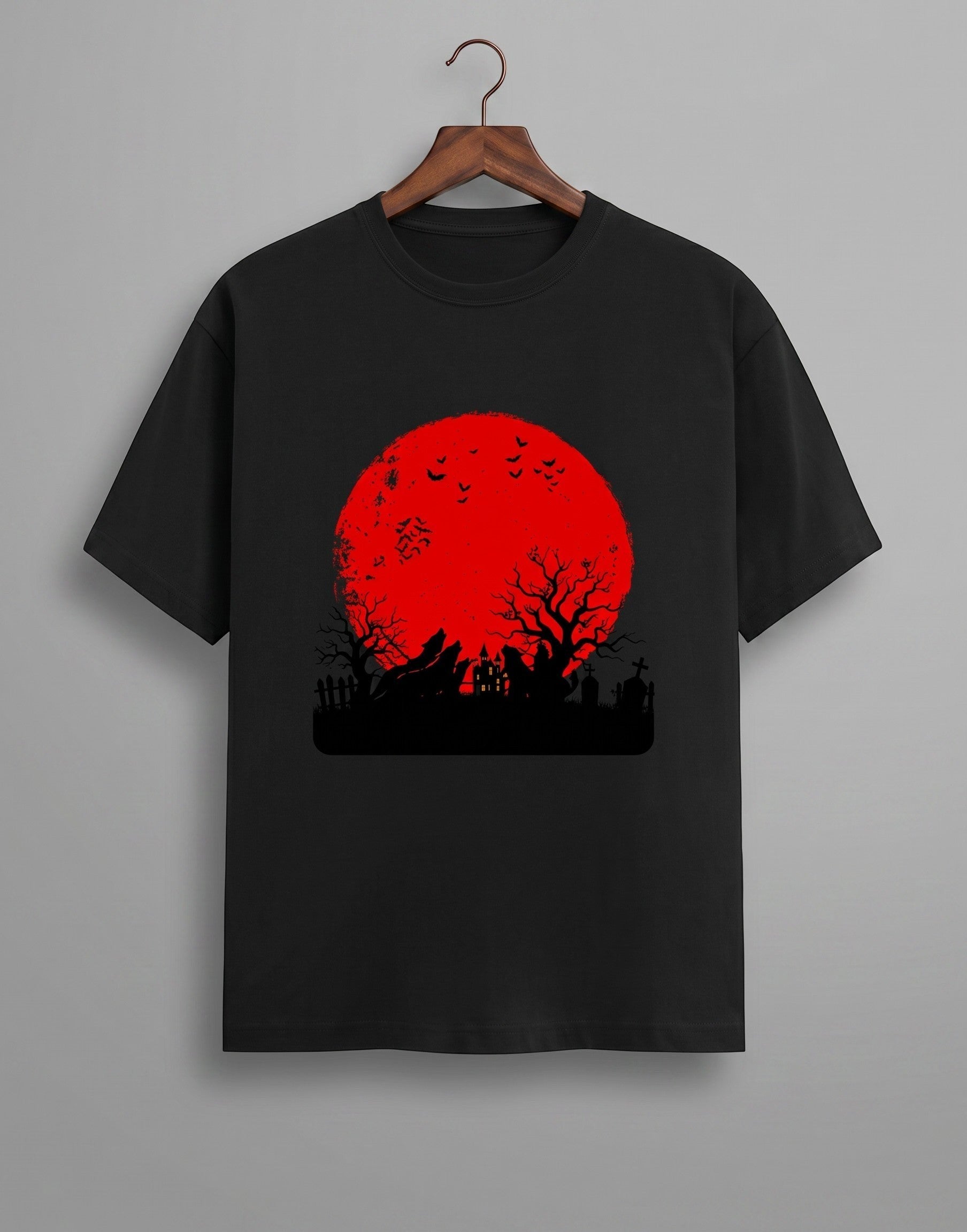 Haunting Art graphic t-shirt on BLACK unisex 100% cotton crew neck, high-contrast striking dark artistic design with haunting figure, DTG print 300 DPI, 180 GSM breathable soft fabric