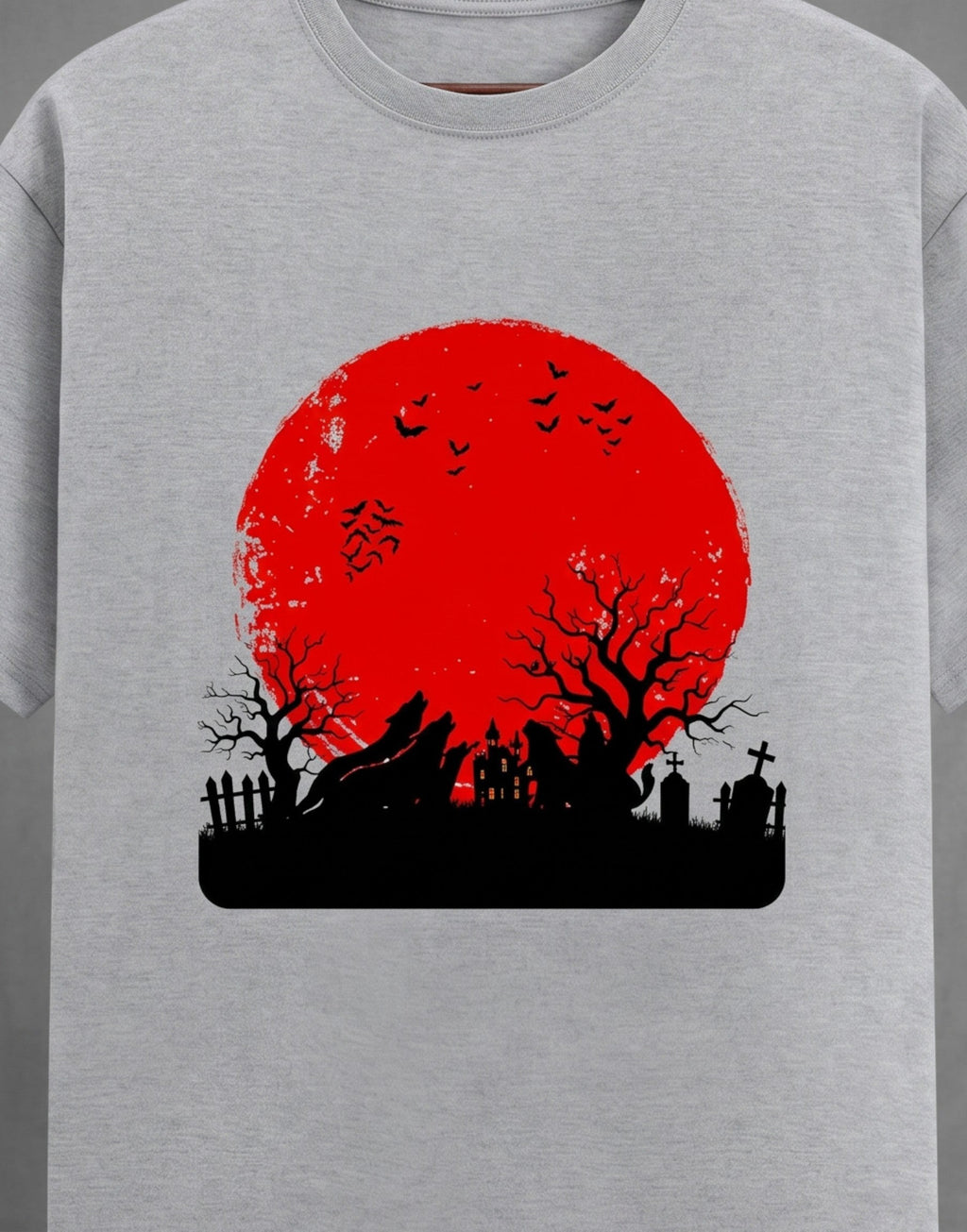 Haunting Art graphic t-shirt on GREY unisex 100% cotton crew neck, high-contrast striking dark artistic design with haunting figure, DTG print 300 DPI, 180 GSM breathable soft fabric