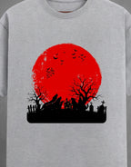 Haunting Art graphic t-shirt on GREY unisex 100% cotton crew neck, high-contrast striking dark artistic design with haunting figure, DTG print 300 DPI, 180 GSM breathable soft fabric