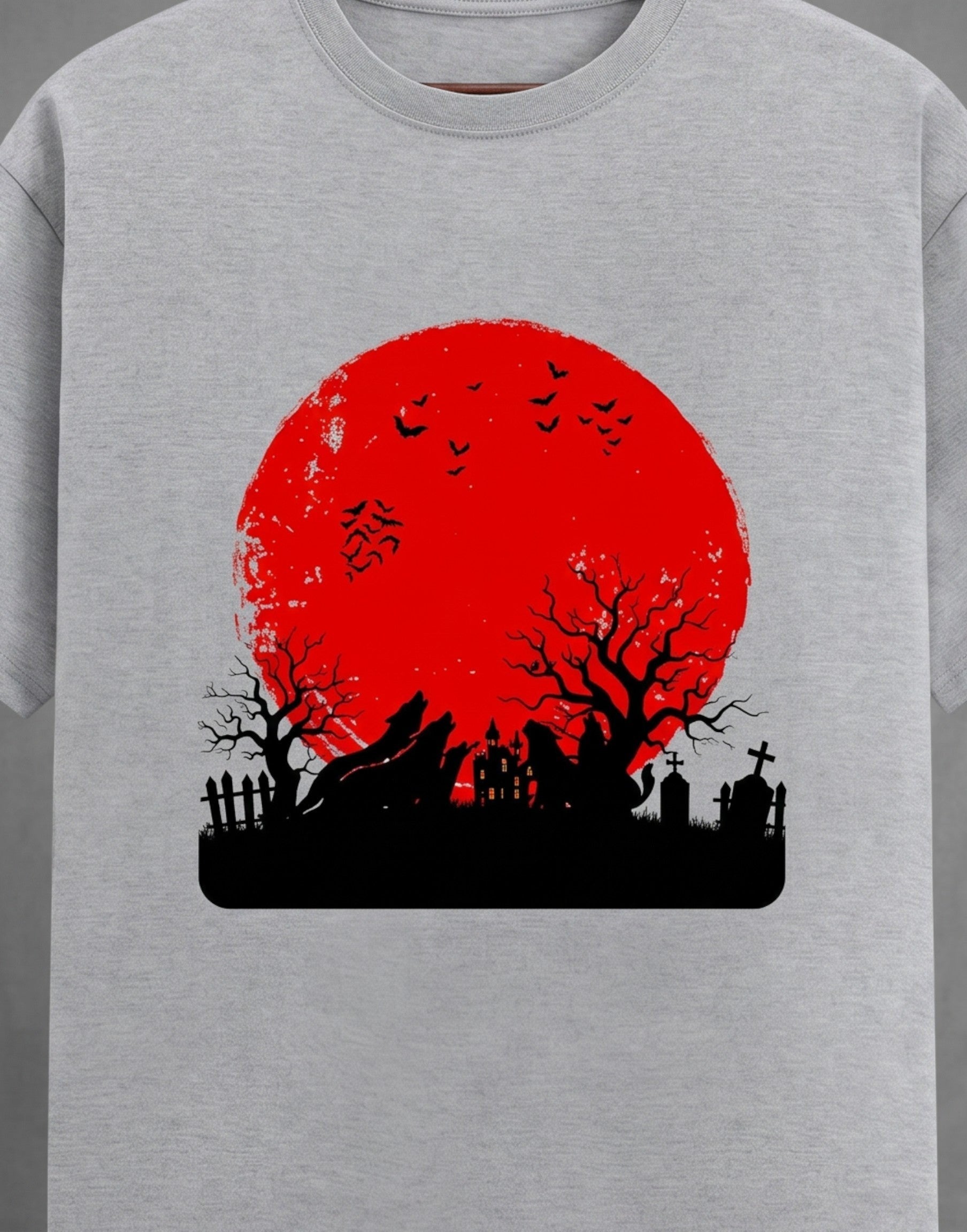 Haunting Art graphic t-shirt on GREY unisex 100% cotton crew neck, high-contrast striking dark artistic design with haunting figure, DTG print 300 DPI, 180 GSM breathable soft fabric