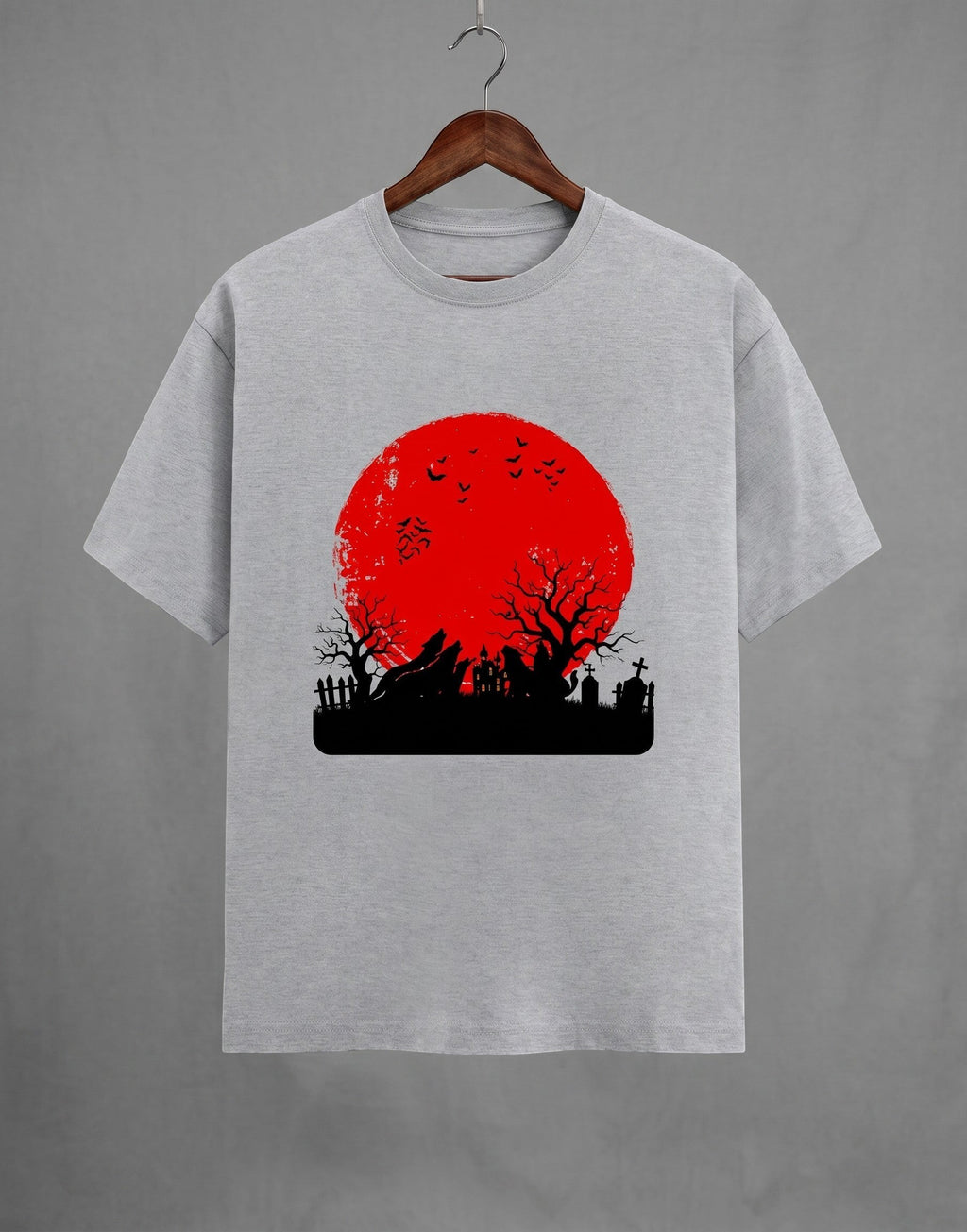 Haunting Art graphic t-shirt on GREY unisex 100% cotton crew neck, high-contrast striking dark artistic design with haunting figure, DTG print 300 DPI, 180 GSM breathable soft fabric