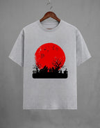Haunting Art graphic t-shirt on GREY unisex 100% cotton crew neck, high-contrast striking dark artistic design with haunting figure, DTG print 300 DPI, 180 GSM breathable soft fabric