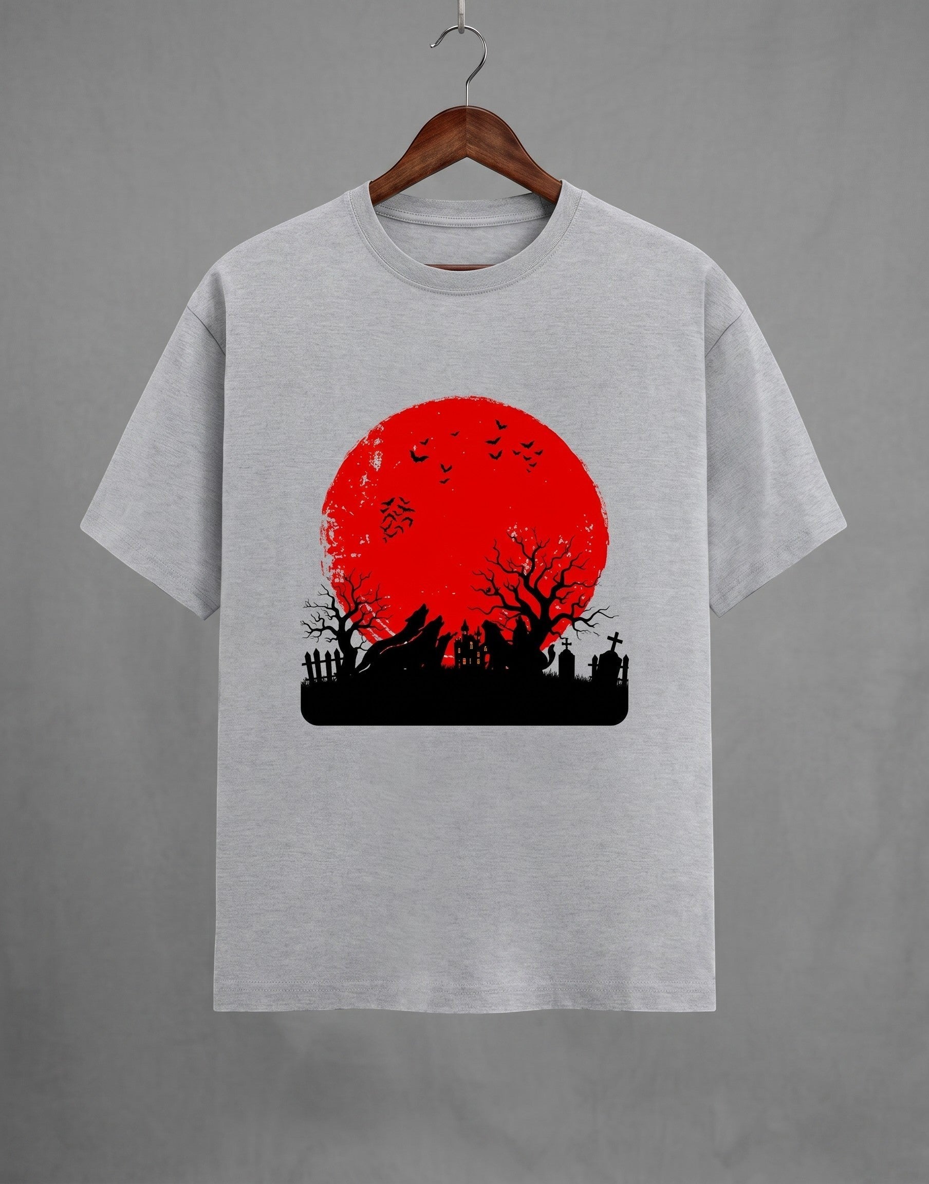 Haunting Art graphic t-shirt on GREY unisex 100% cotton crew neck, high-contrast striking dark artistic design with haunting figure, DTG print 300 DPI, 180 GSM breathable soft fabric