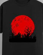 Haunting Art graphic t-shirt on BLACK unisex 100% cotton crew neck, high-contrast striking dark artistic design with haunting figure, DTG print 300 DPI, 180 GSM breathable soft fabric