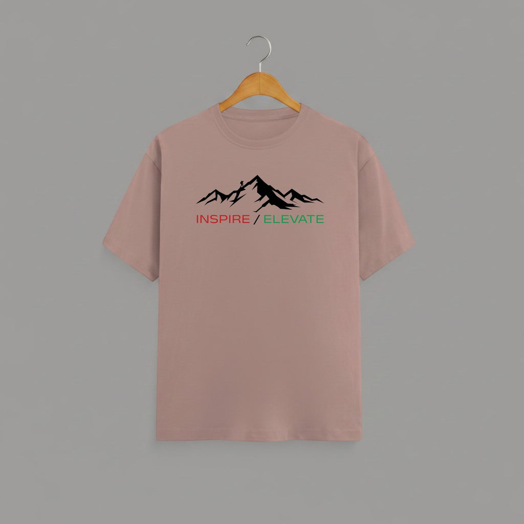 Inspire Elevate Mountain graphic t-shirt on MUSHROOM BROWN unisex 100% cotton crew neck, striking mountain graphic with INSPIRE / ELEVATE empowering message, motivational goals design, DTG print 300 DPI, 180 GSM breathable soft fabric