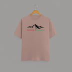 Inspire Elevate Mountain graphic t-shirt on MUSHROOM BROWN unisex 100% cotton crew neck, striking mountain graphic with INSPIRE / ELEVATE empowering message, motivational goals design, DTG print 300 DPI, 180 GSM breathable soft fabric