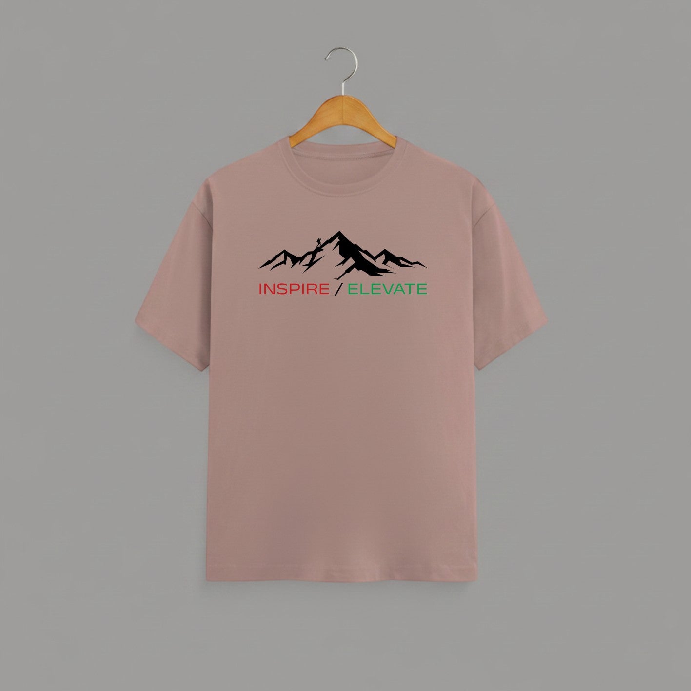 Inspire Elevate Mountain graphic t-shirt on MUSHROOM BROWN unisex 100% cotton crew neck, striking mountain graphic with INSPIRE / ELEVATE empowering message, motivational goals design, DTG print 300 DPI, 180 GSM breathable soft fabric