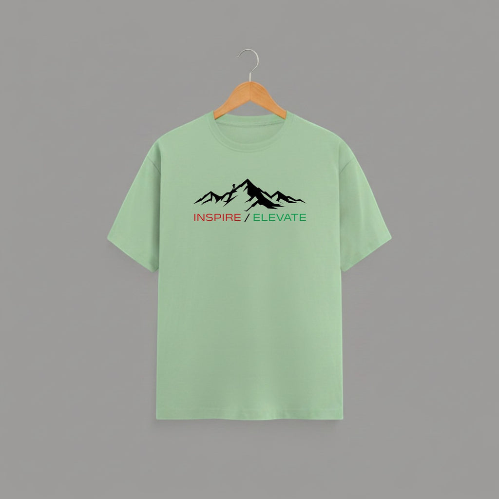 Inspire Elevate Mountain graphic t-shirt on JADE GREEN unisex 100% cotton crew neck, striking mountain graphic with INSPIRE / ELEVATE empowering message, motivational goals design, DTG print 300 DPI, 180 GSM breathable soft fabric