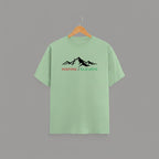 Inspire Elevate Mountain graphic t-shirt on JADE GREEN unisex 100% cotton crew neck, striking mountain graphic with INSPIRE / ELEVATE empowering message, motivational goals design, DTG print 300 DPI, 180 GSM breathable soft fabric