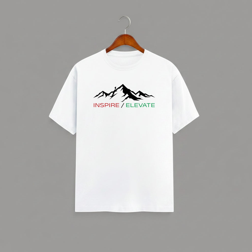 Inspire Elevate Mountain graphic t-shirt on WHITE unisex 100% cotton crew neck, striking mountain graphic with INSPIRE / ELEVATE empowering message, motivational goals design, DTG print 300 DPI, 180 GSM breathable soft fabric