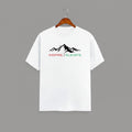 Inspire Elevate Mountain graphic t-shirt on WHITE unisex 100% cotton crew neck, striking mountain graphic with INSPIRE / ELEVATE empowering message, motivational goals design, DTG print 300 DPI, 180 GSM breathable soft fabric