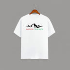 Inspire Elevate Mountain graphic t-shirt on WHITE unisex 100% cotton crew neck, striking mountain graphic with INSPIRE / ELEVATE empowering message, motivational goals design, DTG print 300 DPI, 180 GSM breathable soft fabric