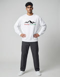 Inspire Elevate Mountain Oversized Sweatshirt on WHITE unisex premium soft-touch fabric blend, relaxed cozy fit feels great all day, bold mountain-inspired graphic chest INSPIRE ELEVATE message, ribbed cuffs timeless look, classic crew neck design, oversized fit maximum comfort, versatile unisex design all body types, unique eye-catching graphic print