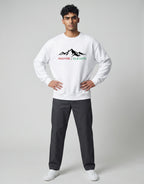 Inspire Elevate Mountain Oversized Sweatshirt on WHITE unisex premium soft-touch fabric blend, relaxed cozy fit feels great all day, bold mountain-inspired graphic chest INSPIRE ELEVATE message, ribbed cuffs timeless look, classic crew neck design, oversized fit maximum comfort, versatile unisex design all body types, unique eye-catching graphic print