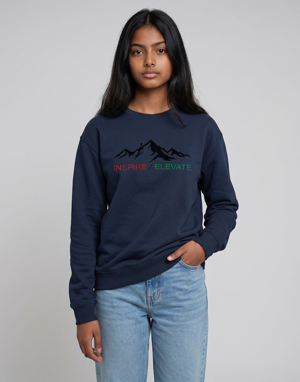 Inspire Elevate Mountain Oversized Sweatshirt on NAVY BLUE unisex premium soft-touch fabric blend, relaxed cozy fit feels great all day, bold mountain-inspired graphic chest INSPIRE ELEVATE message, ribbed cuffs timeless look, classic crew neck design, oversized fit maximum comfort, versatile unisex design all body types, unique eye-catching graphic print