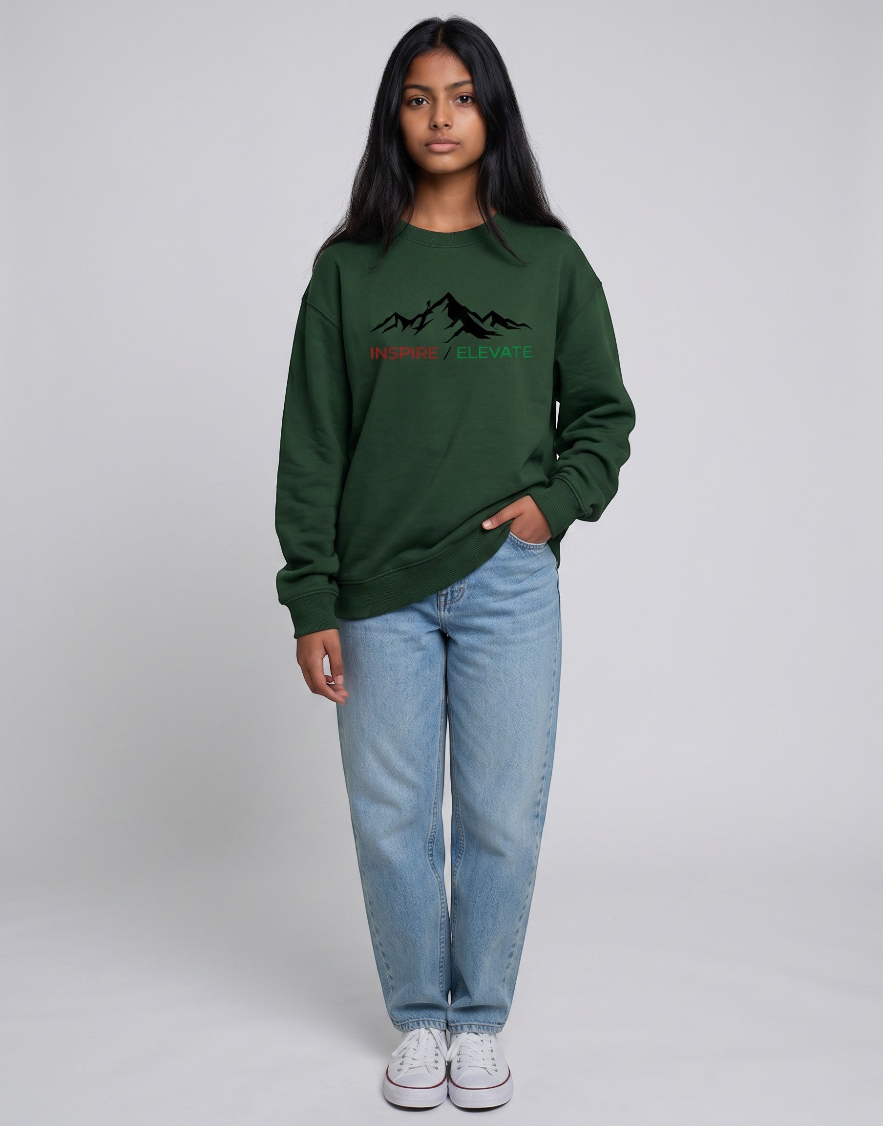 Inspire Elevate Mountain Oversized Sweatshirt on FOREST GREEN unisex premium soft-touch fabric blend, relaxed cozy fit feels great all day, bold mountain-inspired graphic chest INSPIRE ELEVATE message, ribbed cuffs timeless look, classic crew neck design, oversized fit maximum comfort, versatile unisex design all body types, unique eye-catching graphic print