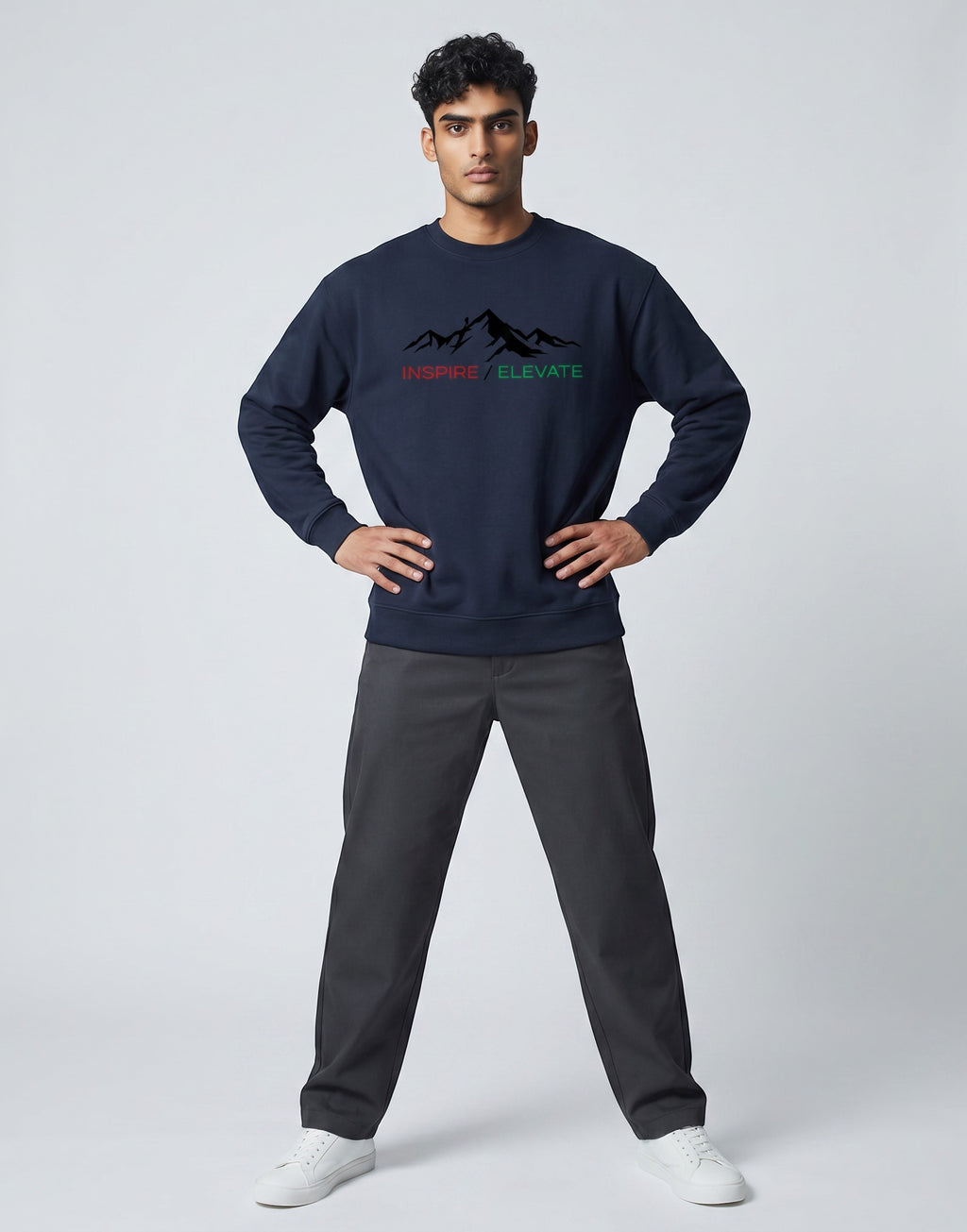 Inspire Elevate Mountain Oversized Sweatshirt on NAVY BLUE unisex premium soft-touch fabric blend, relaxed cozy fit feels great all day, bold mountain-inspired graphic chest INSPIRE ELEVATE message, ribbed cuffs timeless look, classic crew neck design, oversized fit maximum comfort, versatile unisex design all body types, unique eye-catching graphic print