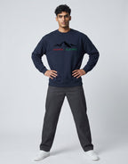 Inspire Elevate Mountain Oversized Sweatshirt on NAVY BLUE unisex premium soft-touch fabric blend, relaxed cozy fit feels great all day, bold mountain-inspired graphic chest INSPIRE ELEVATE message, ribbed cuffs timeless look, classic crew neck design, oversized fit maximum comfort, versatile unisex design all body types, unique eye-catching graphic print
