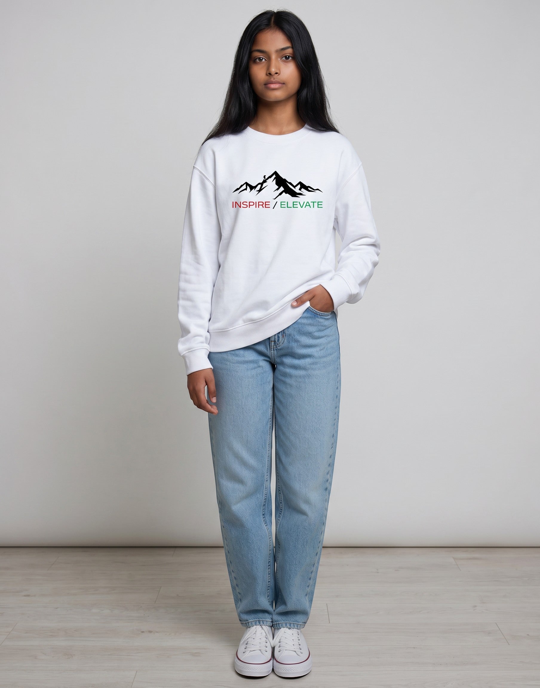 Inspire Elevate Mountain Oversized Sweatshirt on WHITE unisex premium soft-touch fabric blend, relaxed cozy fit feels great all day, bold mountain-inspired graphic chest INSPIRE ELEVATE message, ribbed cuffs timeless look, classic crew neck design, oversized fit maximum comfort, versatile unisex design all body types, unique eye-catching graphic print
