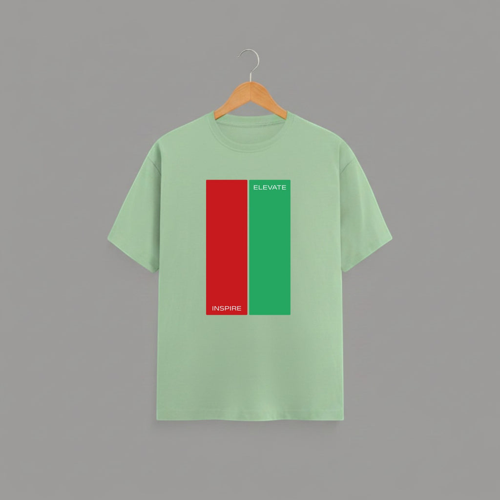 Inspire - Elevate graphic t-shirt on JADE-GREEN unisex 100% cotton crew neck, bold minimalist graphic print on chest, daily reminder stay motivated focused design, DTG print 300 DPI, 180 GSM breathable soft fabric