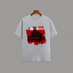 Japanese Samurai Mansion graphic t-shirt on Grey unisex 100% cotton crew neck, striking high-contrast traditional Japanese architecture design with bold brushstrokes and red accents, DTG print 300 DPI, 180 GSM breathable soft fabric