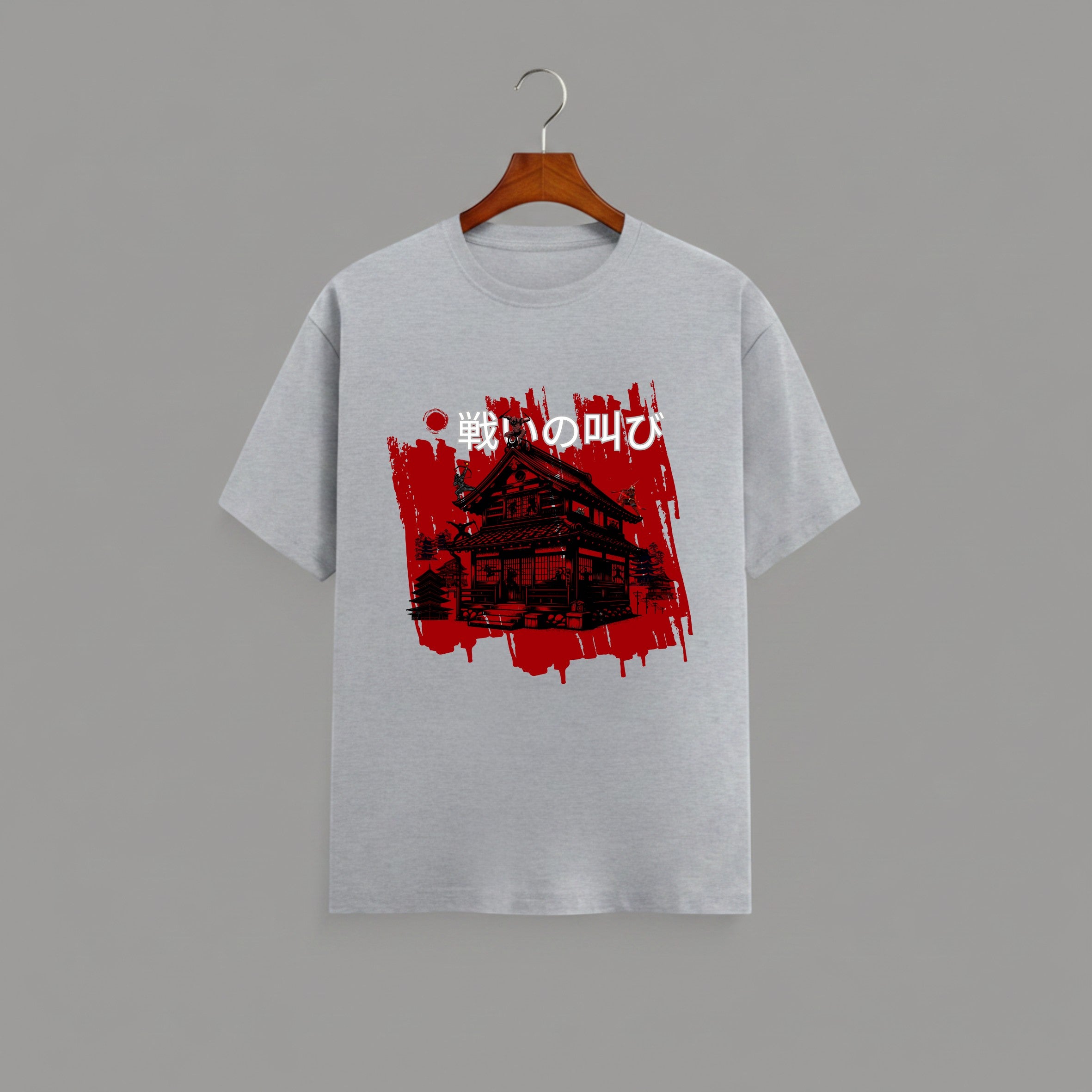 Japanese Samurai Mansion graphic t-shirt on Grey unisex 100% cotton crew neck, striking high-contrast traditional Japanese architecture design with bold brushstrokes and red accents, DTG print 300 DPI, 180 GSM breathable soft fabric