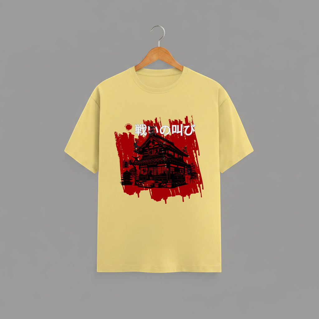 Japanese Samurai Mansion graphic t-shirt on YELLOW unisex 100% cotton crew neck, striking high-contrast traditional Japanese architecture design with bold brushstrokes and red accents, DTG print 300 DPI, 180 GSM breathable soft fabric