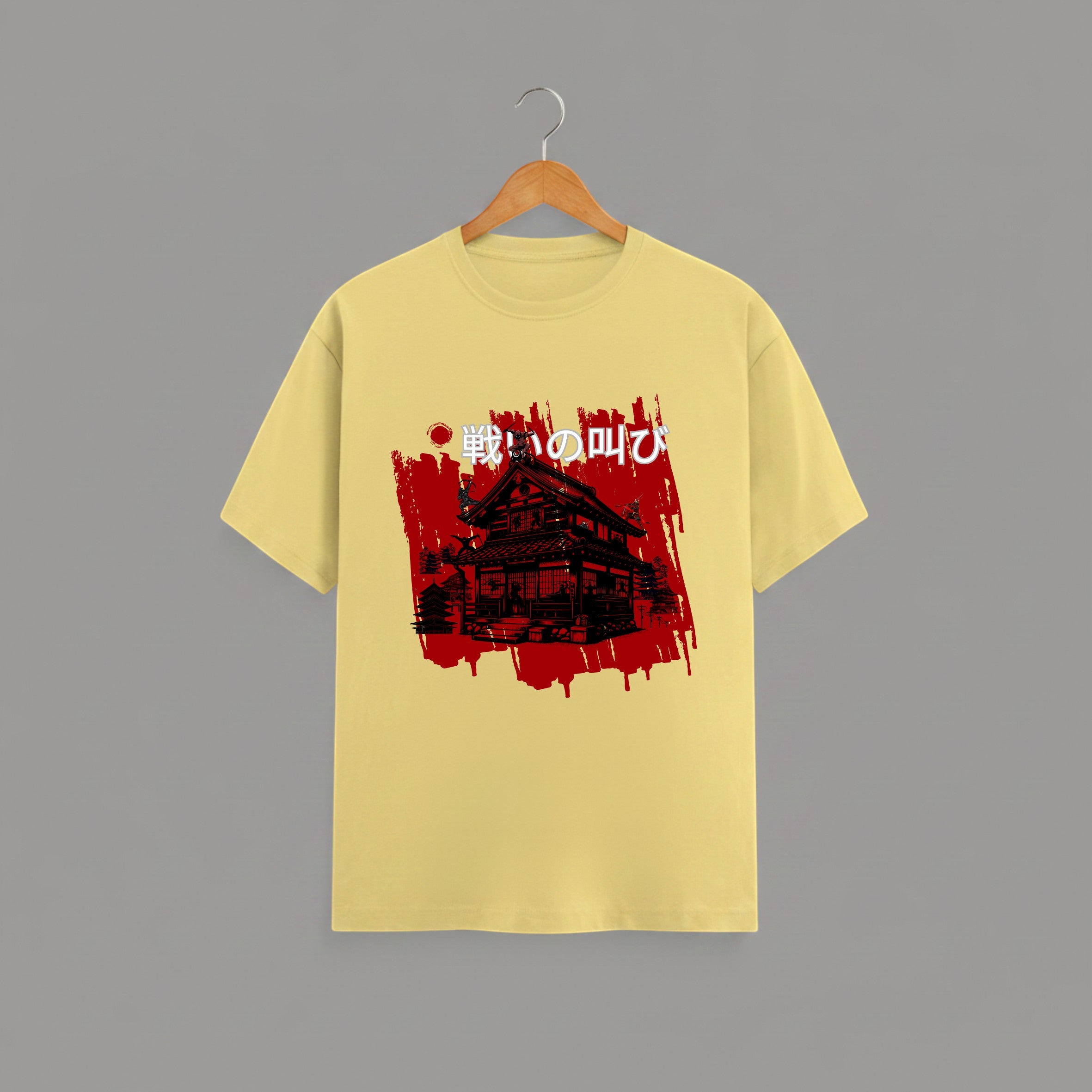 Japanese Samurai Mansion graphic t-shirt on YELLOW unisex 100% cotton crew neck, striking high-contrast traditional Japanese architecture design with bold brushstrokes and red accents, DTG print 300 DPI, 180 GSM breathable soft fabric