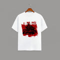 Japanese Samurai Mansion graphic t-shirt on WHITE unisex 100% cotton crew neck, striking high-contrast traditional Japanese architecture design with bold brushstrokes and red accents, DTG print 300 DPI, 180 GSM breathable soft fabric