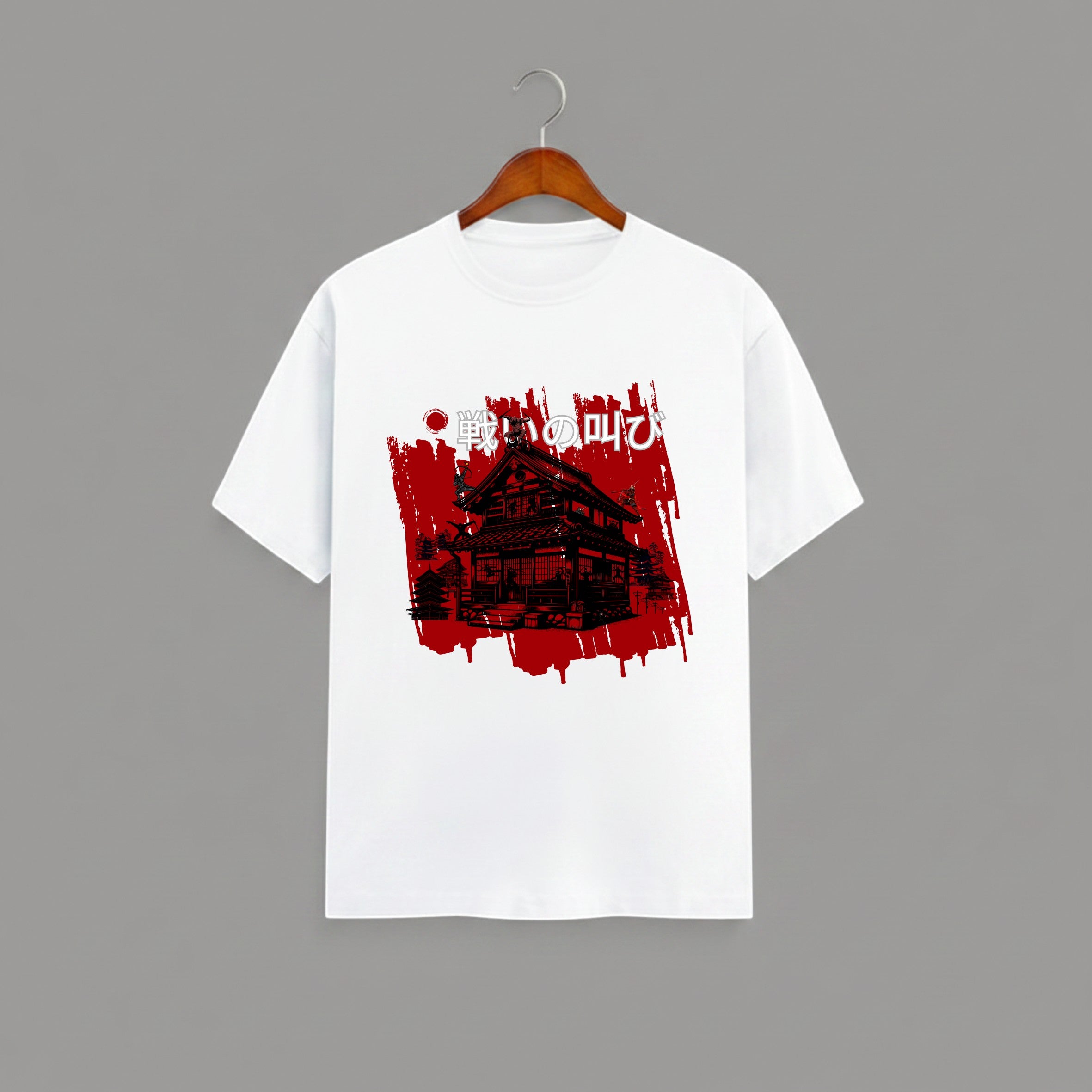 Japanese Samurai Mansion graphic t-shirt on WHITE unisex 100% cotton crew neck, striking high-contrast traditional Japanese architecture design with bold brushstrokes and red accents, DTG print 300 DPI, 180 GSM breathable soft fabric