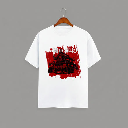 Japanese Samurai Mansion graphic t-shirt on WHITE unisex 100% cotton crew neck, striking high-contrast traditional Japanese architecture design with bold brushstrokes and red accents, DTG print 300 DPI, 180 GSM breathable soft fabric