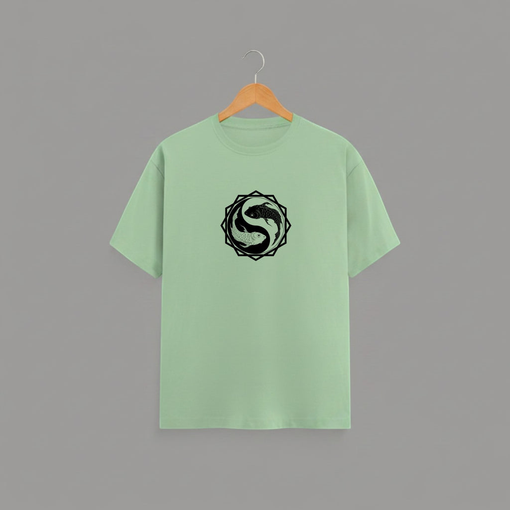 Koi Fish Yin-Yang graphic t-shirt on JADE-GREEN unisex 100% cotton crew neck, unique eye-catching koi fish yin-yang graphic on chest, zen-inspired style design, DTG print 300 DPI, 180 GSM breathable soft fabric