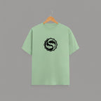 Koi Fish Yin-Yang graphic t-shirt on JADE-GREEN unisex 100% cotton crew neck, unique eye-catching koi fish yin-yang graphic on chest, zen-inspired style design, DTG print 300 DPI, 180 GSM breathable soft fabric